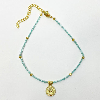 Baby blue Glass Bead Choker with Brass Coin Pendant    Home Decor Supply | Online Retail | ShoreShopper.com
