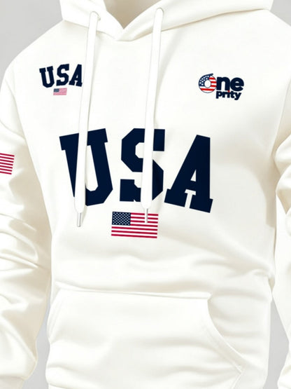Men'S USA Flag Print Hoodie & Sweatpants Two-Piece Set - White with Red, White & Blue Design, Comfortable Warm Casual Streetwear Outfit, Regular Fit, Long Sleeve    Home Decor Supply | Online Retail | ShoreShopper.com