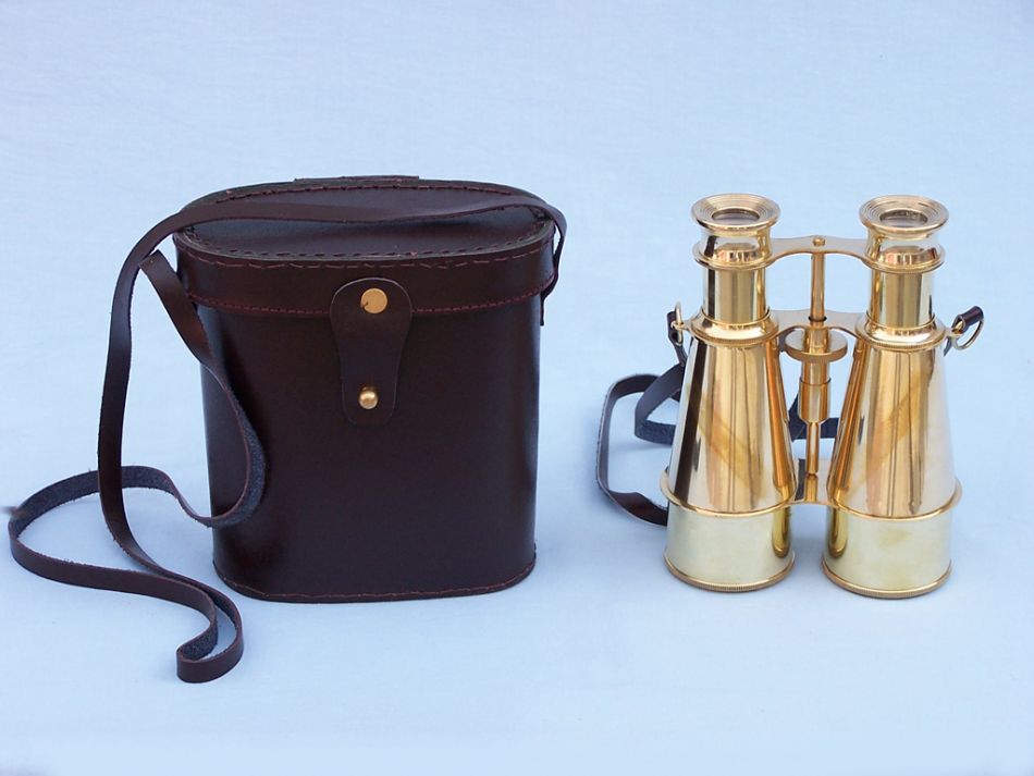 Captain's Solid Brass Binoculars with Leather Case 6""    Home Decor Supply | Online Retail | ShoreShopper.com