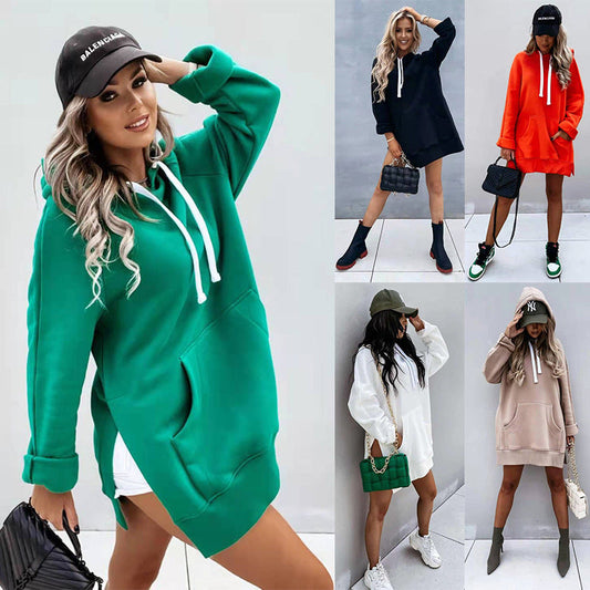 Women's Hooded Sweatshirt With Pockets Fashion Casual Split Mid-length Sweater Drawstring Tops    Home Decor Supply | Online Retail | ShoreShopper.com