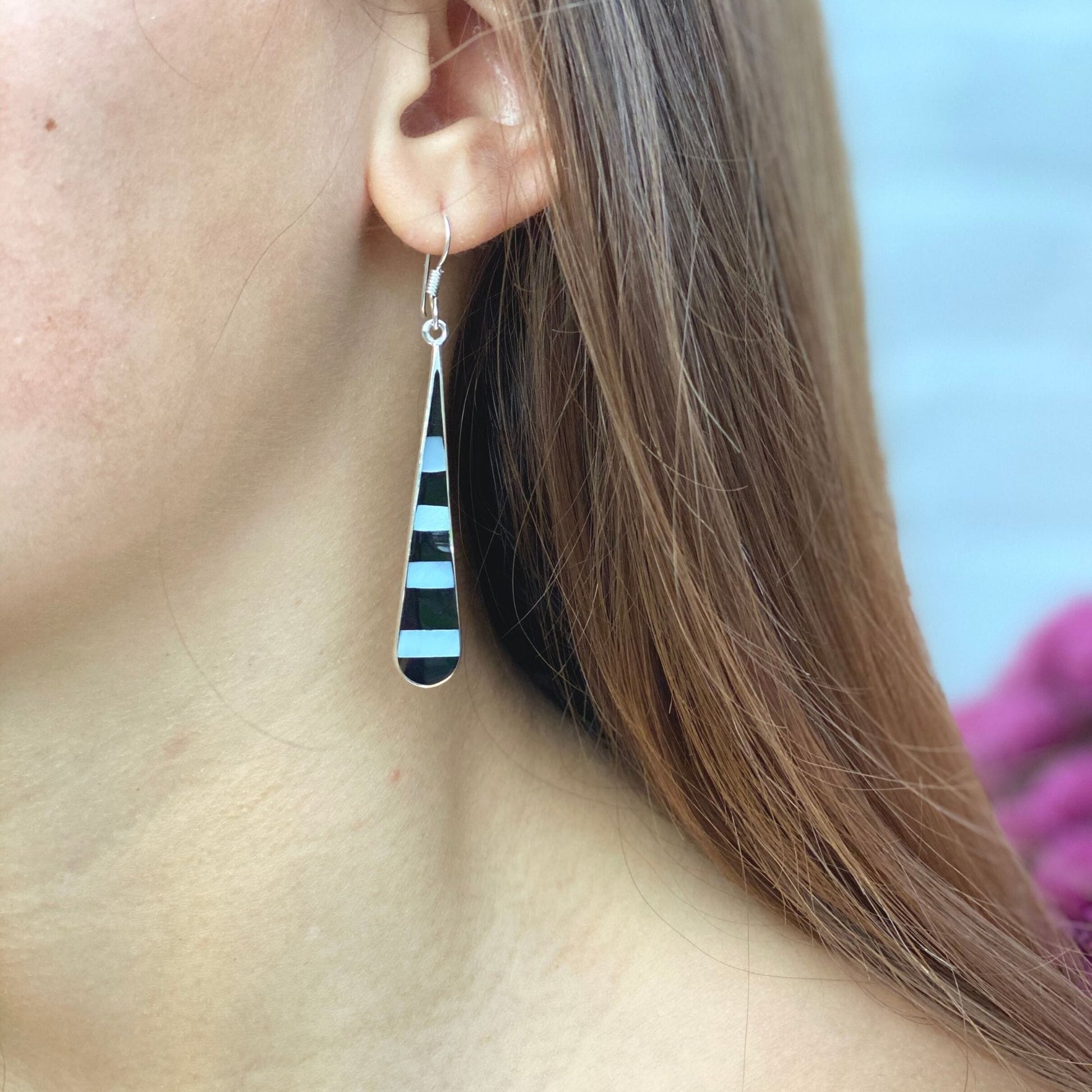 Taxco Silver Black Onyz & Abalone Zebra Long Teardrop Earrings    Home Decor Supply | Online Retail | ShoreShopper.com