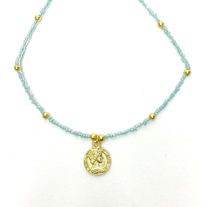 Baby blue Glass Bead Choker with Brass Coin Pendant    Home Decor Supply | Online Retail | ShoreShopper.com