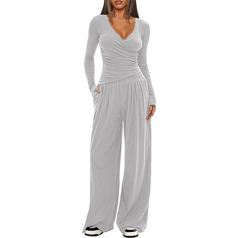 2 Pieces Women's V Neck Long-sleeve Sportswear Top And Wide-leg Pants Set Casual Comfortable Outfit Set For Daily Wear Gym Sports Outfit    Home Decor Supply | Online Retail | ShoreShopper.com