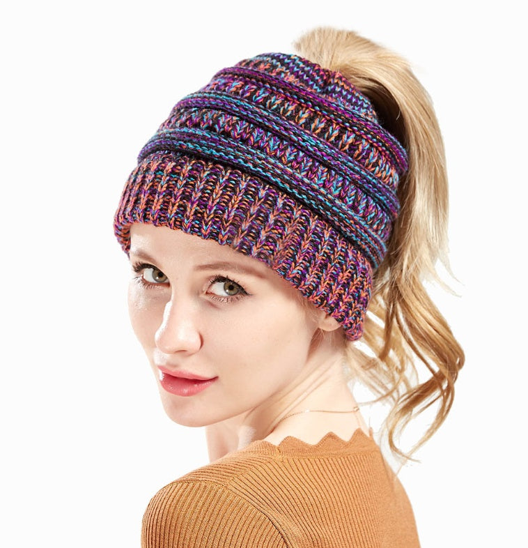 Mixed Color Knitted Wool Hat Ladies Non-labeled Ponytail Hat - ShoreCo.Shop