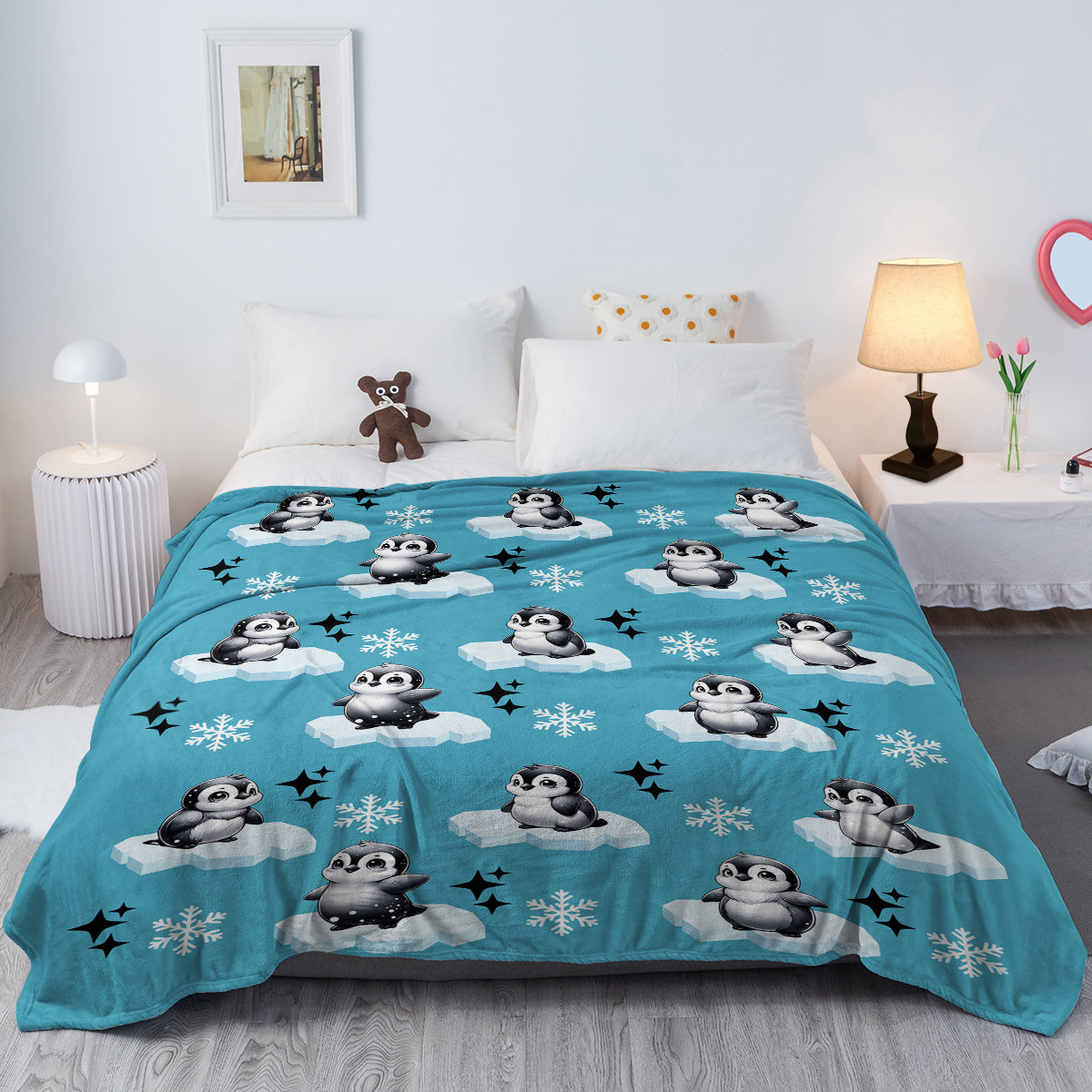 1pc Cute Penguin Snow Cloud Pattern Blue Winter Sofa Blanket Printed Flannel Blanket Comfortable And Warm Home Hugging Blanket Suitable For Bed Sofa Camping And Multi Scene Seasonal Use    Home Decor Supply | Online Retail | ShoreShopper.com