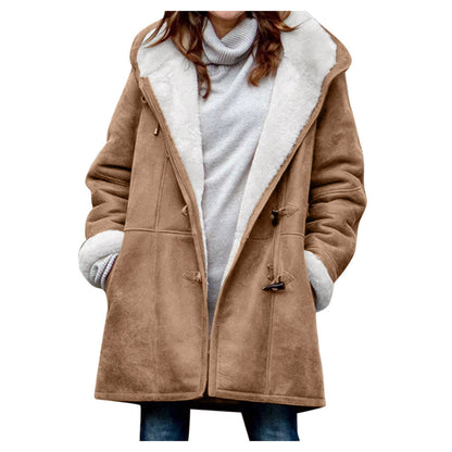Winter Vintage Button Jackets Women's Warm Fleece Hooded Coat Casual Mid-Length Trench Top Outwear Clothing    Home Decor Supply | Online Retail | ShoreShopper.com