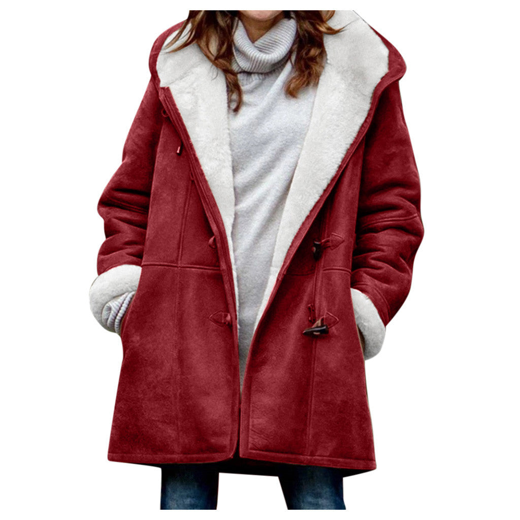Winter Vintage Button Jackets Women's Warm Fleece Hooded Coat Casual Mid-Length Trench Top Outwear Clothing    Home Decor Supply | Online Retail | ShoreShopper.com