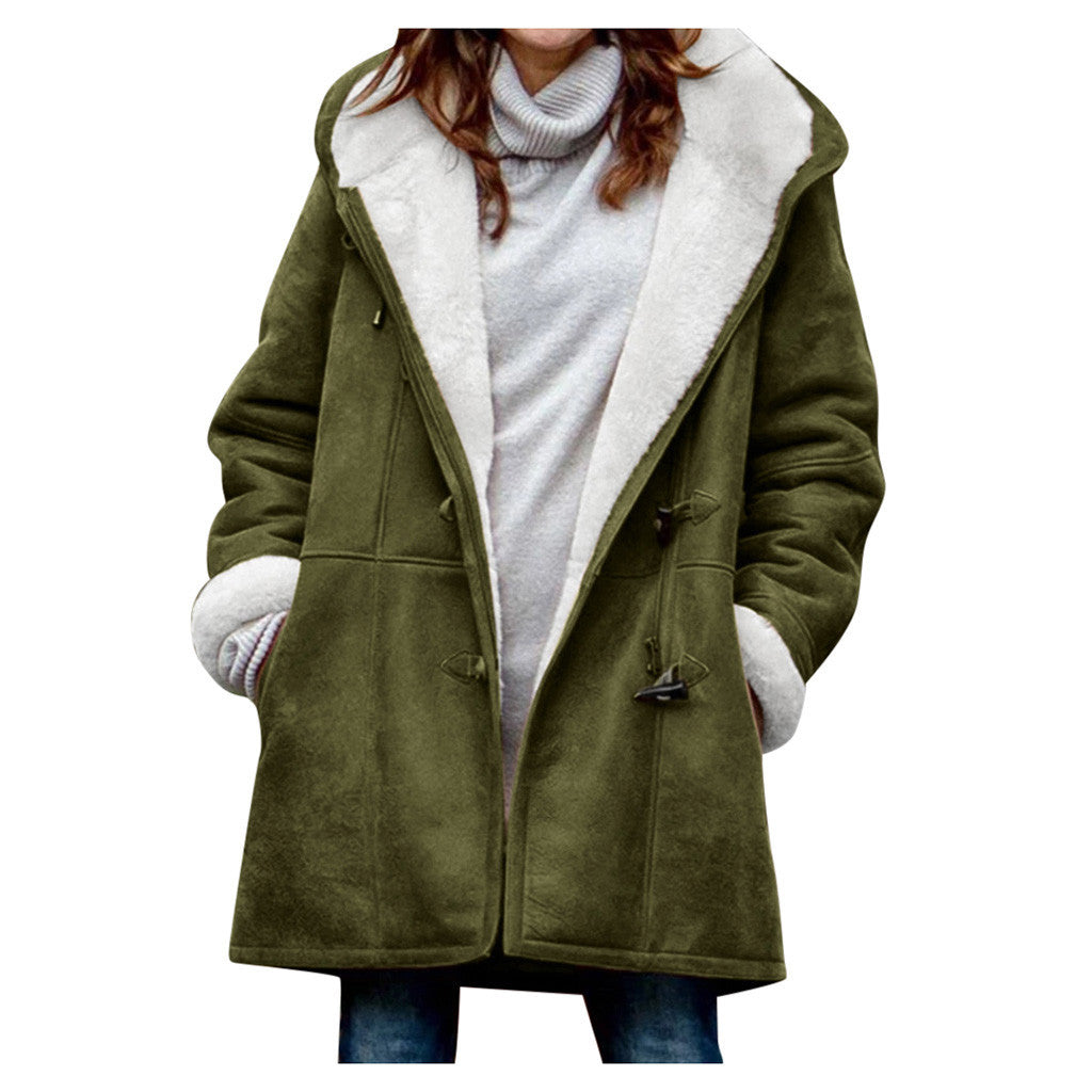Winter Vintage Button Jackets Women's Warm Fleece Hooded Coat Casual Mid-Length Trench Top Outwear Clothing    Home Decor Supply | Online Retail | ShoreShopper.com