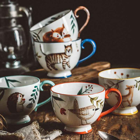 Retro Hand-painted Ceramic Mug Coffee Cup Afternoon Tea Cup Household Flower Tea Cup Hand-Painted Forest Animal Cup
