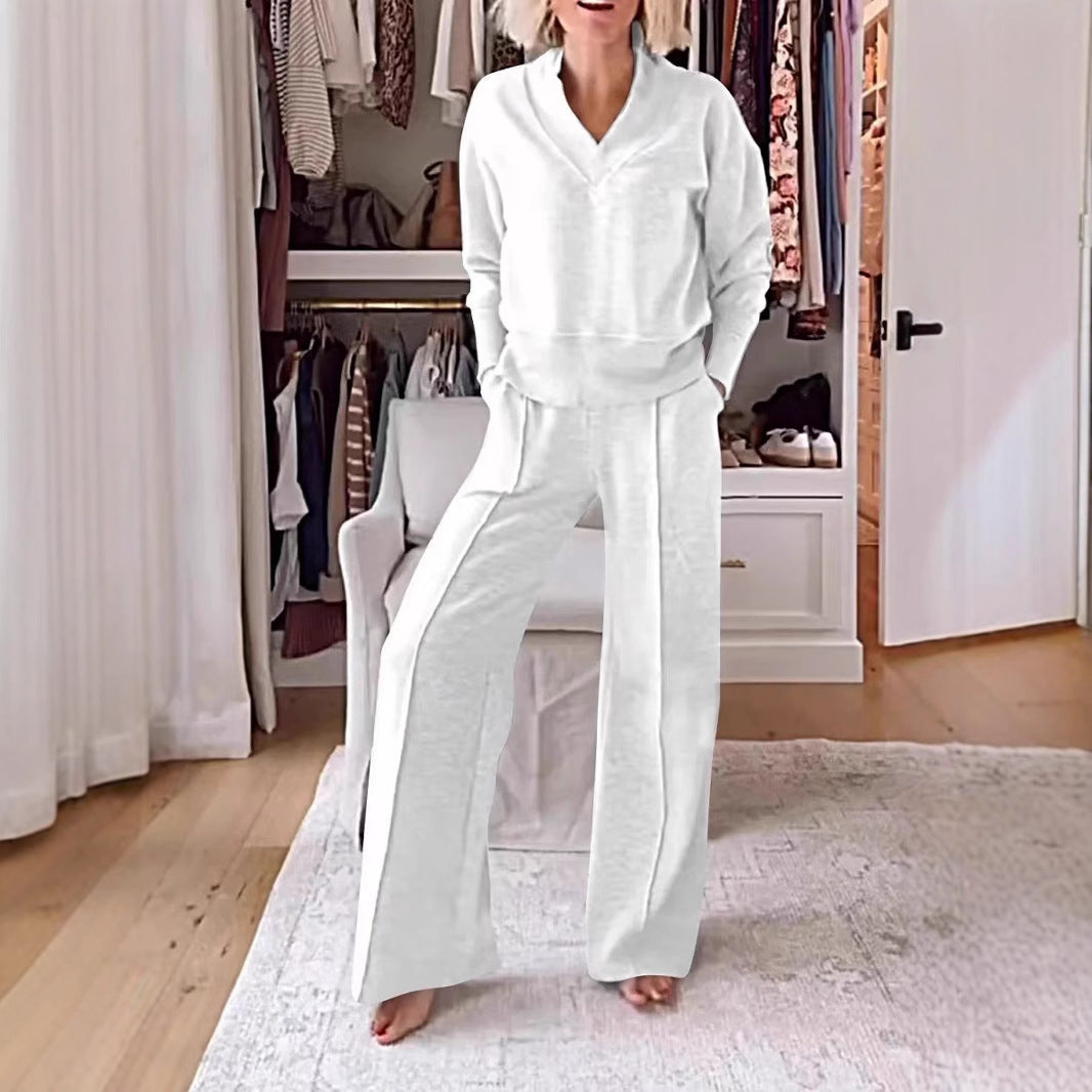 Women's Pullover Suit Casual Collared Long-Sleeved V-neck Top And Loose Straight-Leg Pants Fashion Sweatshirt Sport Trousers Set    Home Decor Supply | Online Retail | ShoreShopper.com