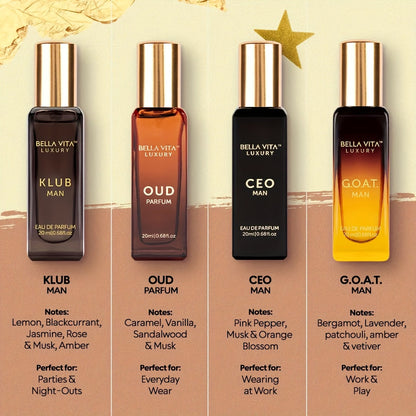 Bella Vita Luxury Long Lasting Perfume Gift Set for Man | 4x0.68oz | Gifts for Men | Woody, Citrusy, Oud, Premium Fragrance Scent | KLUB, OUD, CEO, G.O.A.T    Home Decor Supply | Online Retail | ShoreShopper.com