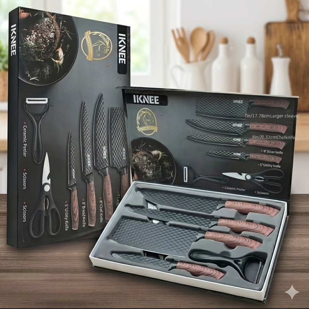 Professional 6pcs Kitchen Knife Set - Chef's Knife, Slicing Knife, Scraper, and Scissors - High Carbon Stainless Steel with Ultra-Sharp Blades, Non-Stick Ergonomic Wooden Handles - Ideal for Home, Travel, and Gift Box Set    Home Decor Supply | Online Retail | ShoreShopper.com