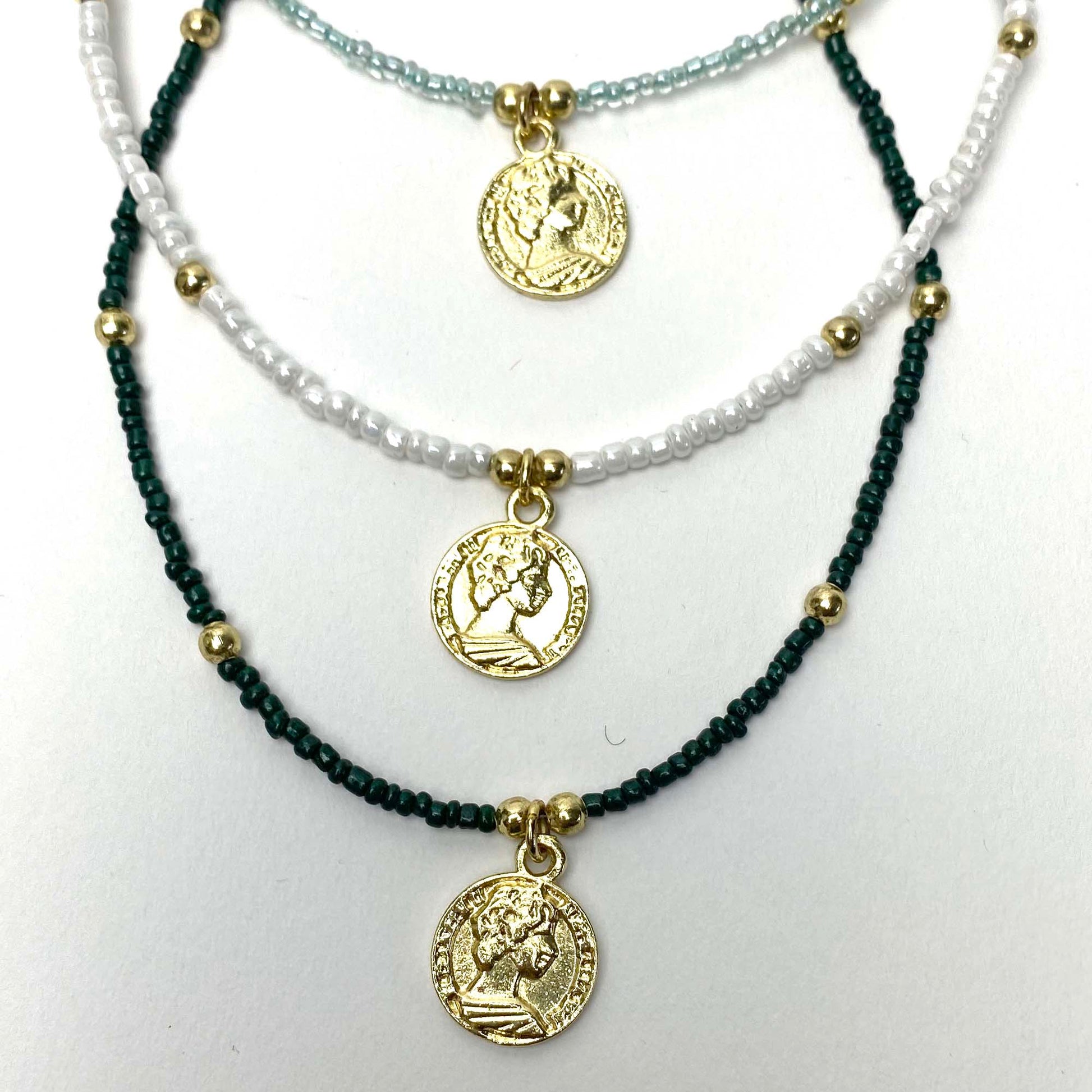 Baby blue Glass Bead Choker with Brass Coin Pendant    Home Decor Supply | Online Retail | ShoreShopper.com