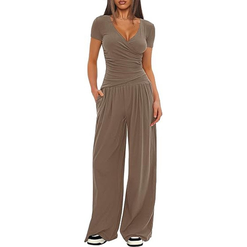 2 Pieces Women's V Neck Short-sleeve Sportswear Top And Wide-leg Pants Set Casual Comfortable Outfit Set For Daily Wear Gym Sports Outfit    Home Decor Supply | Online Retail | ShoreShopper.com