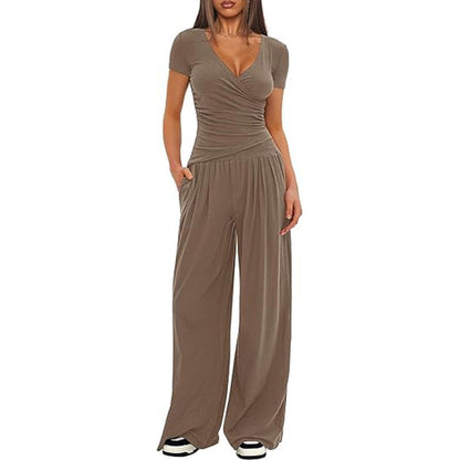 2 Pieces Women's V Neck Short-sleeve Sportswear Top And Wide-leg Pants Set Casual Comfortable Outfit Set For Daily Wear Gym Sports Outfit    Home Decor Supply | Online Retail | ShoreShopper.com