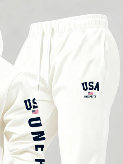 Men'S USA Flag Print Hoodie & Sweatpants Two-Piece Set - White with Red, White & Blue Design, Comfortable Warm Casual Streetwear Outfit, Regular Fit, Long Sleeve    Home Decor Supply | Online Retail | ShoreShopper.com