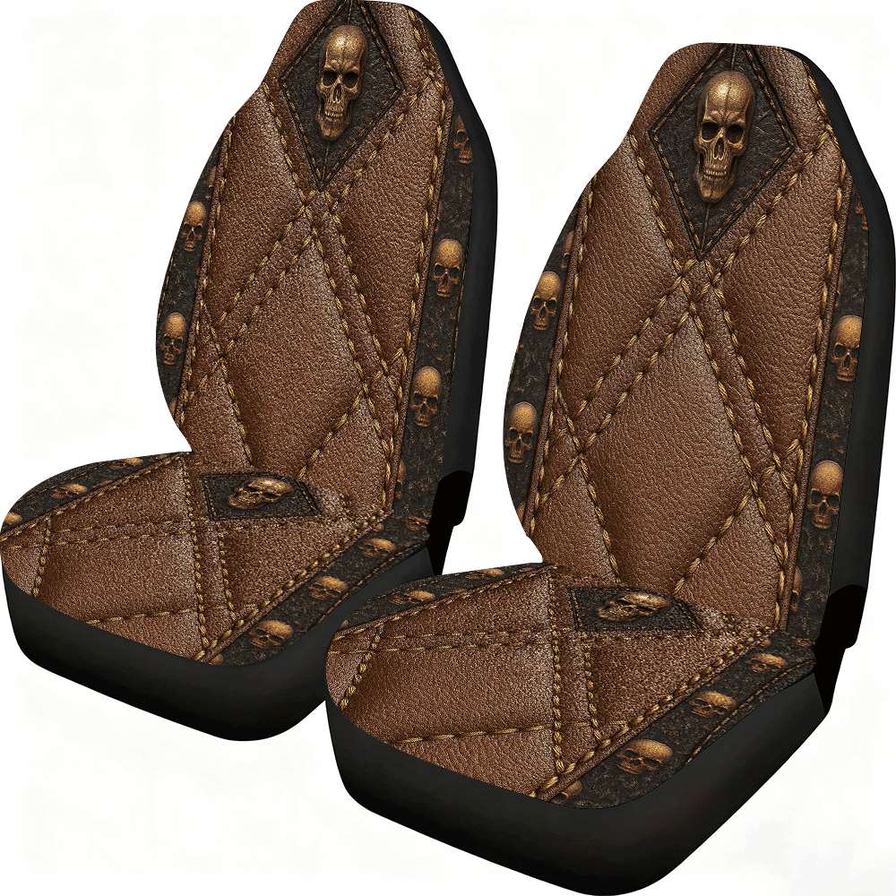 2pcs Brown Skull Car Seat Covers Suitable for Front Seats, High Back Design, Material, Suitable for Cars, SUVs and Trucks, Women's Car Accessories, Christmas Eve Scares, Halloween, Special Promotion Clearance.    Home Decor Supply | Online Retail | ShoreShopper.com