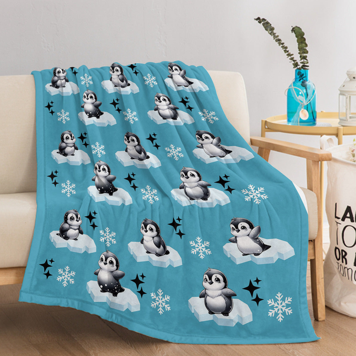 1pc Cute Penguin Snow Cloud Pattern Blue Winter Sofa Blanket Printed Flannel Blanket Comfortable And Warm Home Hugging Blanket Suitable For Bed Sofa Camping And Multi Scene Seasonal Use    Home Decor Supply | Online Retail | ShoreShopper.com