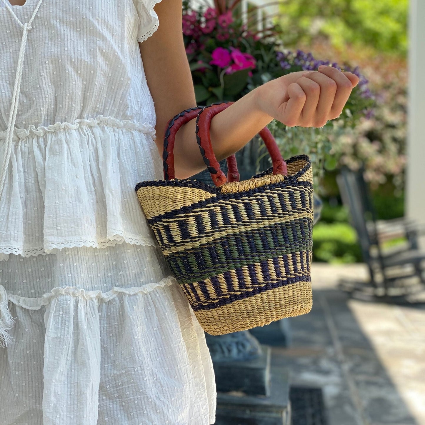 Bolga Tote, Neutrals with Leather Handle - 14-inch    Home Decor Supply | Online Retail | ShoreShopper.com