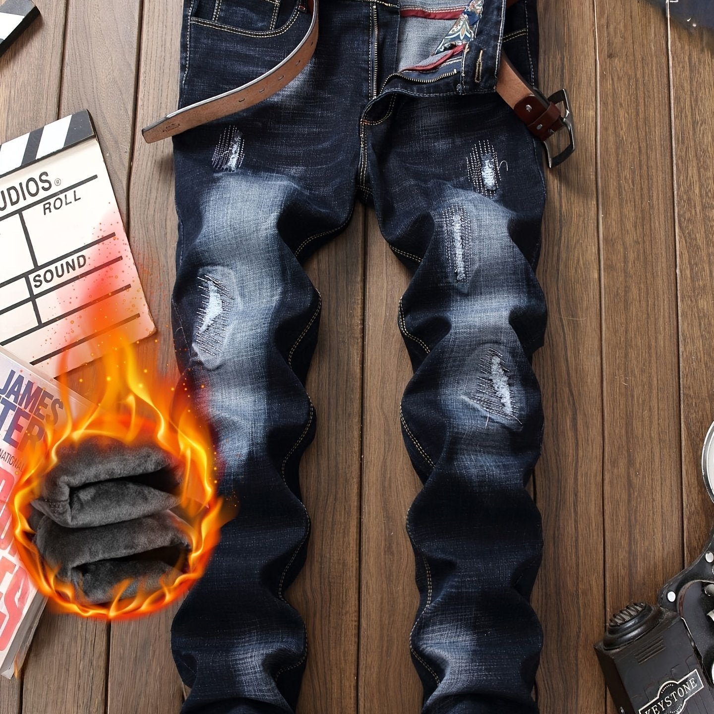 Men's Thermal Distressed Winter Jeans - Thickened Fleece-Lined Denim with Aged Patchwork & Heavy Wash Design    Home Decor Supply | Online Retail | ShoreShopper.com
