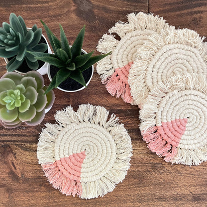 Macrame Coasters in Blush with fringe, Set of 4    Home Decor Supply | Online Retail | ShoreShopper.com
