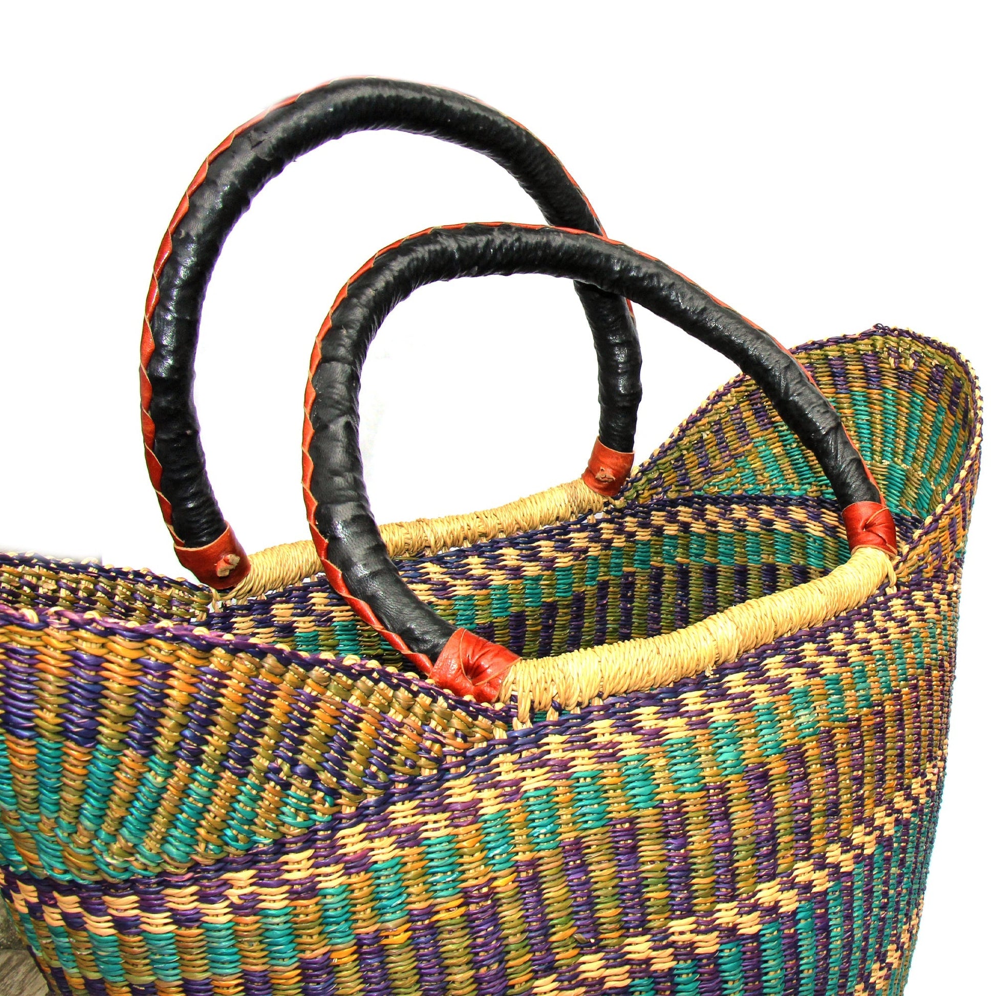 Bolga Tote, Mixed Colors with Leather Handle - 18-inch    Home Decor Supply | Online Retail | ShoreShopper.com