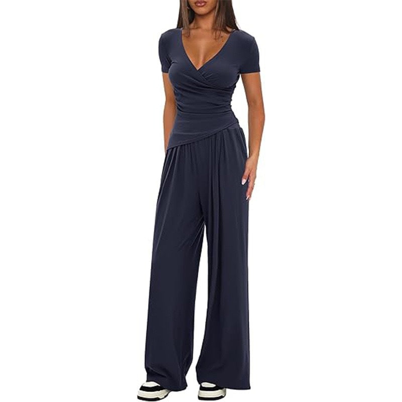 2 Pieces Women's V Neck Short-sleeve Sportswear Top And Wide-leg Pants Set Casual Comfortable Outfit Set For Daily Wear Gym Sports Outfit    Home Decor Supply | Online Retail | ShoreShopper.com