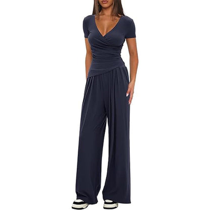 2 Pieces Women's V Neck Short-sleeve Sportswear Top And Wide-leg Pants Set Casual Comfortable Outfit Set For Daily Wear Gym Sports Outfit    Home Decor Supply | Online Retail | ShoreShopper.com
