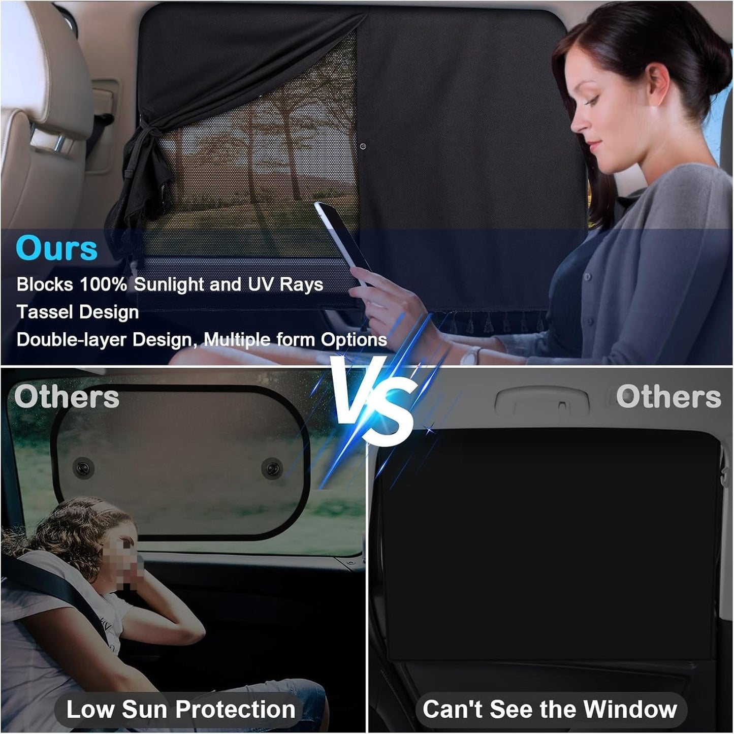 [Magnetic Car Window Shades] 2-Layer Magnetic Car Window Shades - Mesh & Blackout Fabric, Tassel Design for Side/Back Windows - Block UV Rays Privacy Curtain    Home Decor Supply | Online Retail | ShoreShopper.com