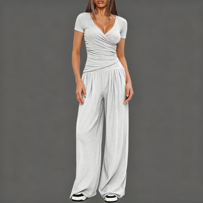 2 Pieces Women's V Neck Short-sleeve Sportswear Top And Wide-leg Pants Set Casual Comfortable Outfit Set For Daily Wear Gym Sports Outfit    Home Decor Supply | Online Retail | ShoreShopper.com
