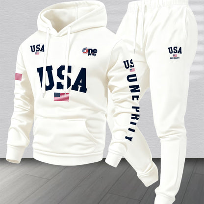 Men'S USA Flag Print Hoodie & Sweatpants Two-Piece Set - White with Red, White & Blue Design, Comfortable Warm Casual Streetwear Outfit, Regular Fit, Long Sleeve    Home Decor Supply | Online Retail | ShoreShopper.com