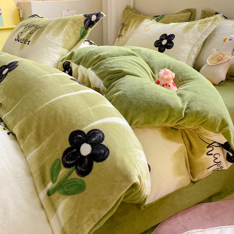 Winter Thickening Milk Fiber Bed Four-piece Coral Velvet Quilt Cover Flange Double-sided Bed Sheet Three-piece Bedding    Home Decor Supply | Online Retail | ShoreShopper.com