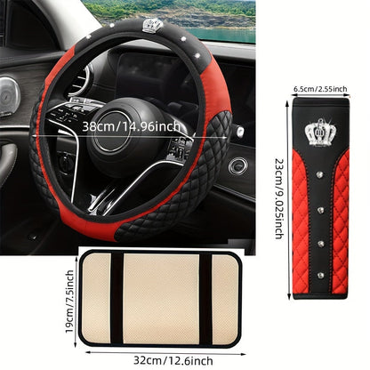 PU Leather Car Steering Wheel Cover Set, Carbon Fiber Pattern, Shoulder Pads, Leather Armrest, 4 pcs, for Comfortable Driving    Home Decor Supply | Online Retail | ShoreShopper.com