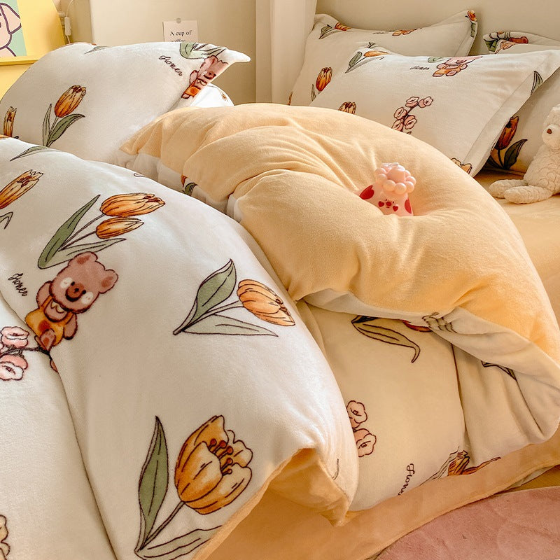 Winter Thickening Milk Fiber Bed Four-piece Coral Velvet Quilt Cover Flange Double-sided Bed Sheet Three-piece Bedding    Home Decor Supply | Online Retail | ShoreShopper.com