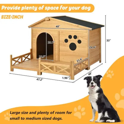 Outdoor Wooden Dog House with Porch & Asphalt Roof 48" Medium - ShoreCo.Shop