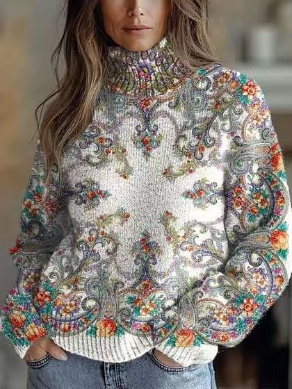 Elegant 3D Floral Print Turtleneck Sweater - Cozy Long Sleeve Pullover    Home Decor Supply | Online Retail | ShoreShopper.com