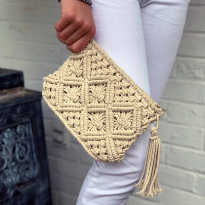 Macrame Clutch with Tassel, Cream    Home Decor Supply | Online Retail | ShoreShopper.com