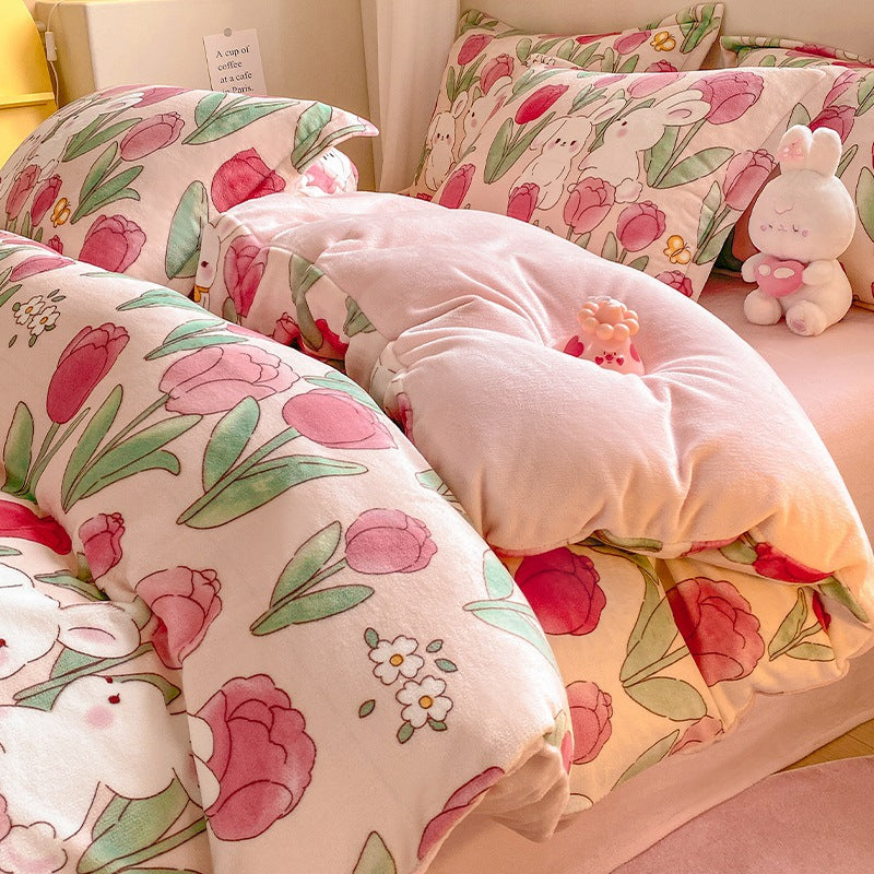 Winter Thickening Milk Fiber Bed Four-piece Coral Velvet Quilt Cover Flange Double-sided Bed Sheet Three-piece Bedding    Home Decor Supply | Online Retail | ShoreShopper.com