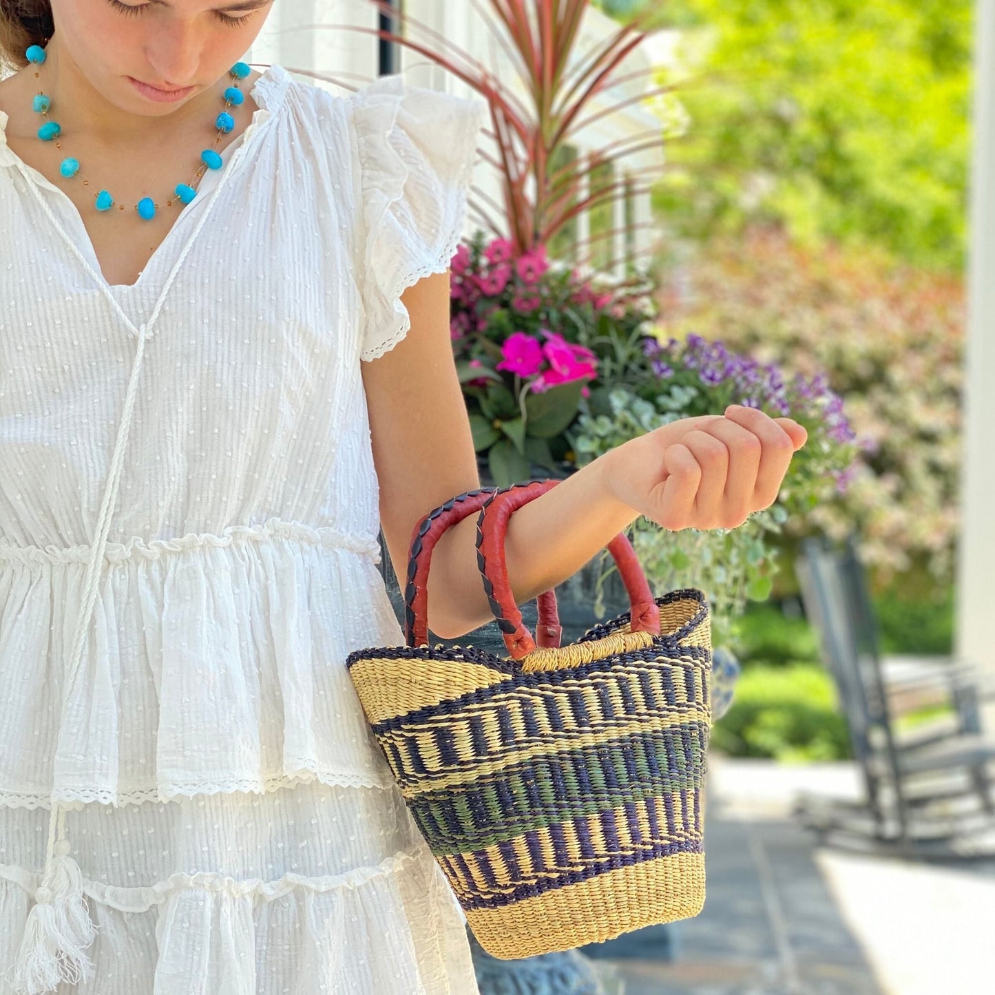 Bolga Tote, Neutrals with Leather Handle - 14-inch    Home Decor Supply | Online Retail | ShoreShopper.com