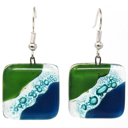 Square Glass Dangle Earrings, Blue Green Waves - Tili Glass    Home Decor Supply | Online Retail | ShoreShopper.com