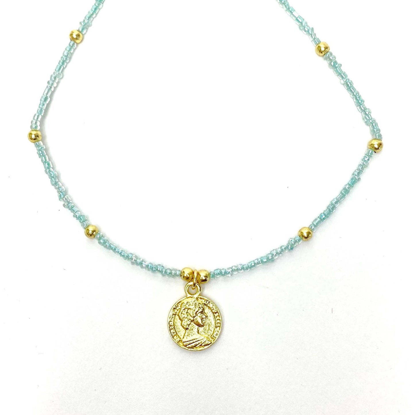 Baby blue Glass Bead Choker with Brass Coin Pendant    Home Decor Supply | Online Retail | ShoreShopper.com