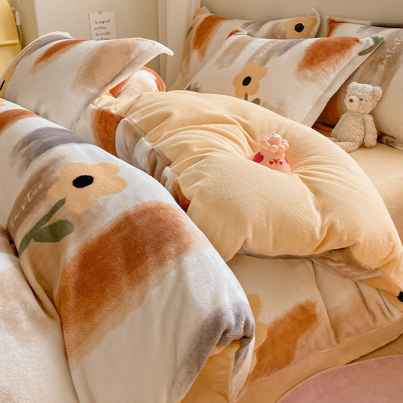 Winter Thickening Milk Fiber Bed Four-piece Coral Velvet Quilt Cover Flange Double-sided Bed Sheet Three-piece Bedding    Home Decor Supply | Online Retail | ShoreShopper.com