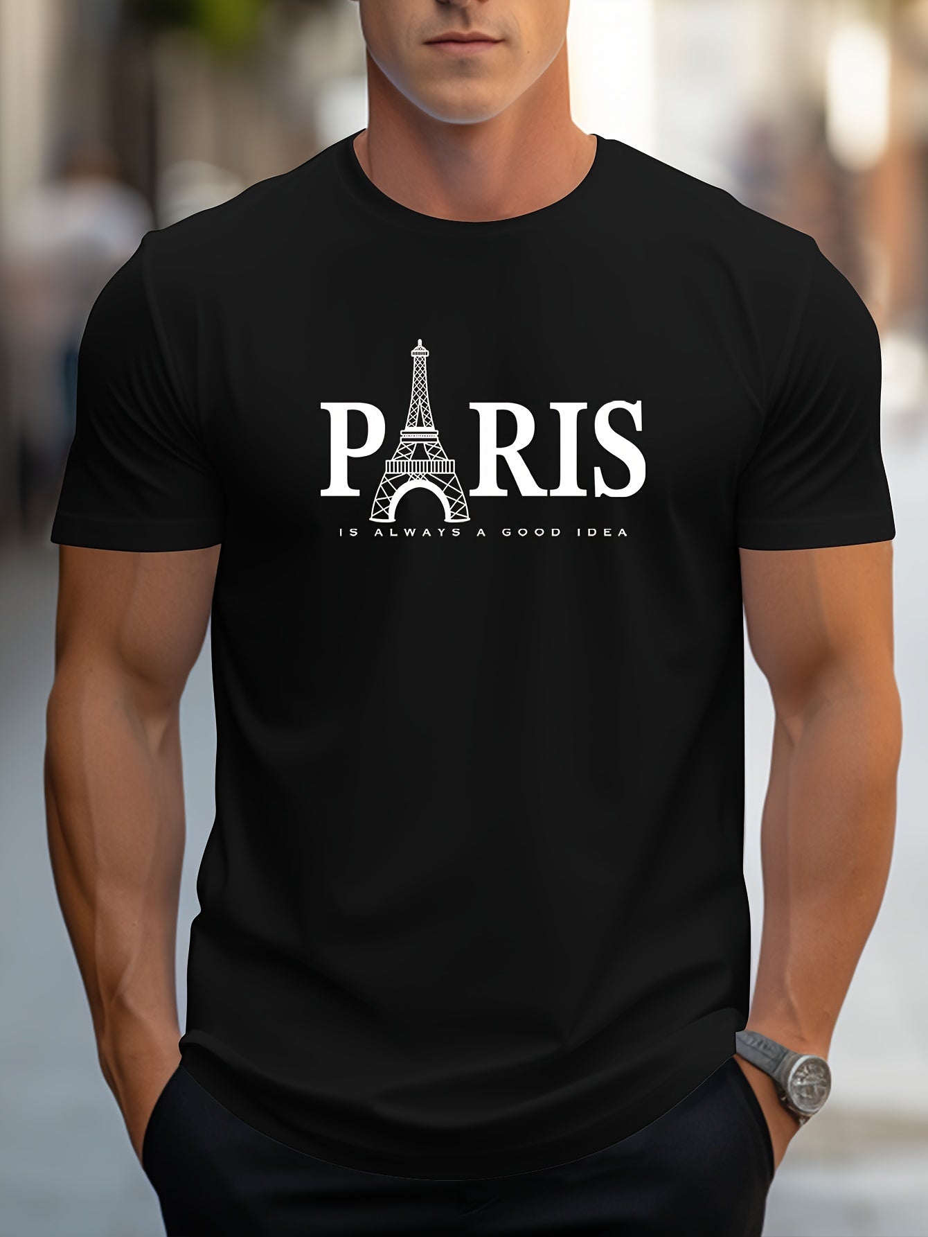 Men's Paris Eiffel Tower Graphic Tee - Casual Crew Neck, Short Sleeve T-Shirt with Stretch Fabric, Machine Washable - Summer Essential    Home Decor Supply | Online Retail | ShoreShopper.com