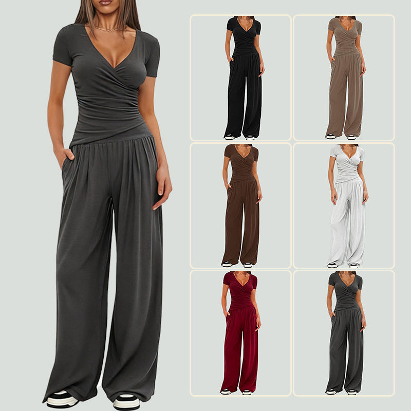 2 Pieces Women's V Neck Short-sleeve Sportswear Top And Wide-leg Pants Set Casual Comfortable Outfit Set For Daily Wear Gym Sports Outfit    Home Decor Supply | Online Retail | ShoreShopper.com