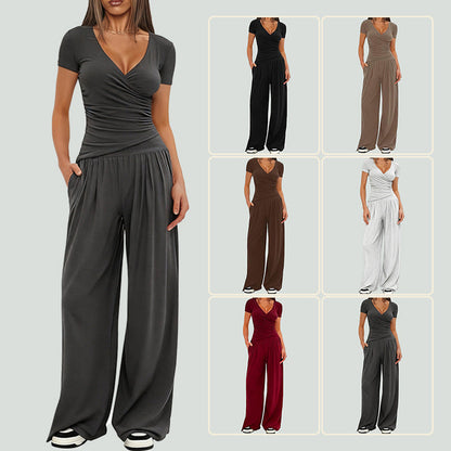 2 Pieces Women's V Neck Short-sleeve Sportswear Top And Wide-leg Pants Set Casual Comfortable Outfit Set For Daily Wear Gym Sports Outfit    Home Decor Supply | Online Retail | ShoreShopper.com