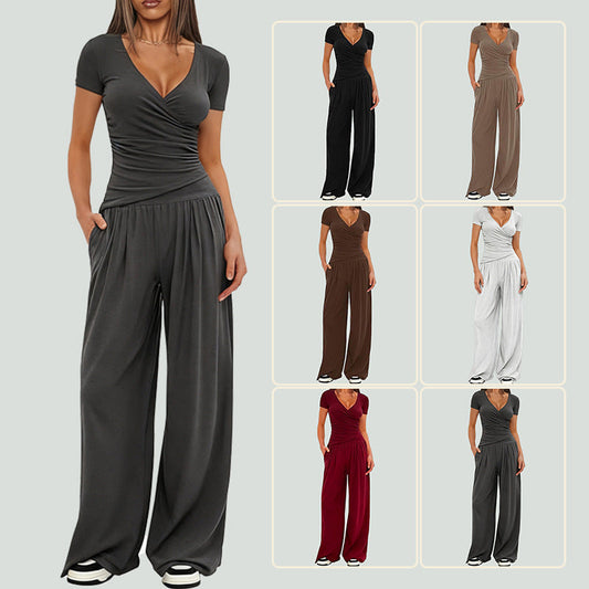 2 Pieces Women's V Neck Short-sleeve Sportswear Top And Wide-leg Pants Set Casual Comfortable Outfit Set For Daily Wear Gym Sports Outfit    Home Decor Supply | Online Retail | ShoreShopper.com