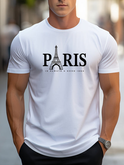 Men's Paris Eiffel Tower Graphic Tee - Casual Crew Neck, Short Sleeve T-Shirt with Stretch Fabric, Machine Washable - Summer Essential    Home Decor Supply | Online Retail | ShoreShopper.com