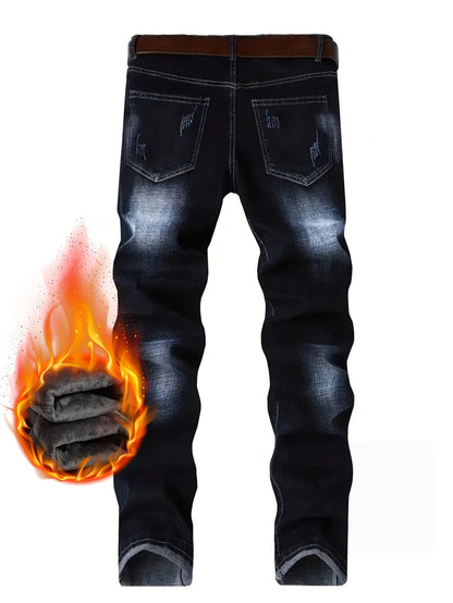 Men's Thermal Distressed Winter Jeans - Thickened Fleece-Lined Denim with Aged Patchwork & Heavy Wash Design    Home Decor Supply | Online Retail | ShoreShopper.com