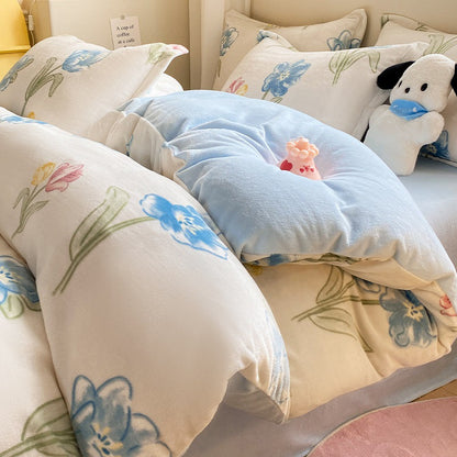 Winter Thickening Milk Fiber Bed Four-piece Coral Velvet Quilt Cover Flange Double-sided Bed Sheet Three-piece Bedding    Home Decor Supply | Online Retail | ShoreShopper.com