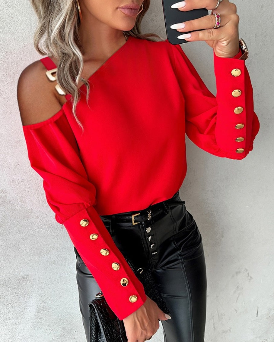 Fashion Lantern Sleeve Button Splicing Shirt Women Elegant Office Commuter O Neck Blouse Female Fall Spring Daily Casual Tops    Home Decor Supply | Online Retail | ShoreShopper.com